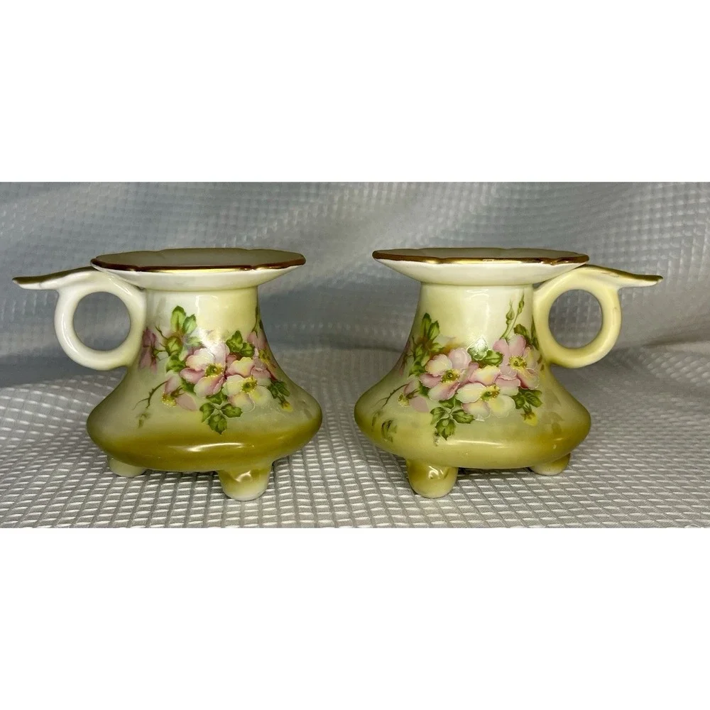 Vtg Nippon Hand Painted Porcelain Floral Candlesticks Pair Light Green Pink Gold